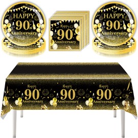41pcs 90th Anniversary Party Plates Napkins Tableware Tablecloth Set, Black and Gold Ninety Years Old Wedding Anniversary Disposable Party Dinnerware for Wedding Party Supply (90th Anniversary)