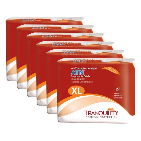 Tranquility ATN Adult Disposable Briefs, Refastenable Tabs with All-Through-The-Night Protection, XL (56"-64") - 12ct (Case of 6)