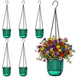 Romooa 6 Pack Emerald Self Watering Hanging Planters 4.5 Inch Self Watering Hanging Pots with 3 Hooks Drainage Holes PET Flower Pots Baskets for Indoor Outdoor Plants Garden Home Wall Window Decor