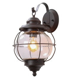 LNC Exterior Porch Light Fixture,17" Large Size Globe Seeded Glass & Metal Cage Frame for Garage, Hallway and Patio, Rustic Bronze Outdoor Wall Sconce
