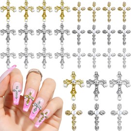 30pcs Cross Nail Charms for Acrylic Nails Accessories, Kurilai 3D Cross Nail Decorations for Nail Art, Metal Gems Rhinestones Nail Decor for Women Girl DIY Jewelry Cellphone Crafts(Gold+Silver)