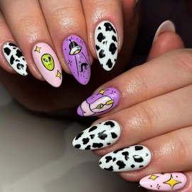 Press on Nails Almond Medium Length Glossy Full Cover Acrylic French Almond False Nails with Designs Artificial Almond Shaped Fake Nails with Charms Glue Stick ons Fingernails for Women Girls(A266)