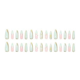 Threelegscat Almond Press on Nails Medium Fake Nails Glue on Nails with 3d Design Flower Stick on Nails Green French Tip Nails Green 24pcs