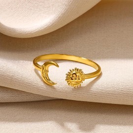 JczR.Y Sun and Moon Rings Stainless Steel Crescent Sun Rings for Women Gold Open Rings Middle Index Finger Jewelry Gift(silver) (Gold)