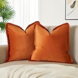 JUSPURBET Rust Velvet Throw Pillow Covers 24x24 Inch Set of 2 with Soft Tassel Fringe Luxury Boho Pillowcase for Sofa Couch Bed Home Decor Machine Washable