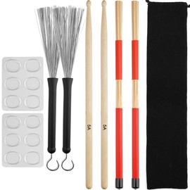 Drum Sticks Set,Eison 5A Maple Wood Drum Sticks,Drum Rods Brushes,Retractable Drum Wire Brushes,12PCS Drum Dampeners with Portable Bag,Drumsticks Gift Sets for Beginner Adults Drummer Practice