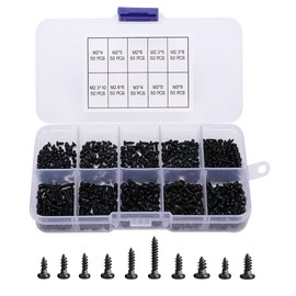 VooGenzek 500 PCS Cross Head Self Tapping Screws, Black Self-Tapping Screws, Small Screw Carbon Steel Screws, Pan Head Micro Screws with Plastic Box, for Plastic Wood Soft Metal M2 M2.3 M2.6 M3