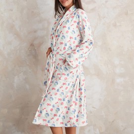Geagodelia Women's Fleece Dressing Gown Ladies Towel Bath Robes Long Bathrobes Fruit Print Housecoats Kimono Nightwear UK (White, M)