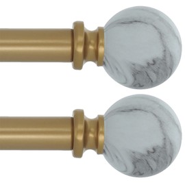 MERIVILLE 1-Inch Diameter Single Window Treatment Curtain Rod, White Marble Ball Finial (28"-48" | 2 Pack, Royal Gold)
