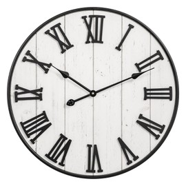 MODE HOME Large Rustic Wooden Wall Clock, 24 Inch Whitewashed Farmhouse Wall Clock with Carved Roman Numerals, Silent Battery Operated Round Vintage Clock for Living Room, Kitchen, Bedroom, Study Room