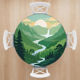 Hiboss Forest Tablecloth Round, Watercolor Woodland Tree Mountains Table Cover for Picnic Dinner Camping Indoor Outdoor Decor, Fits Round Tables up to 36" - 44" Diameter