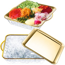 Baderke 2 Sets 9" Chilled Serving Tray for Parties with Compartments Square Ice Chilled Charcuterie Party Platter Serving Cold Dish for Shrimp Fruit Seafood Vegetable Appetizer Dish (Gold)