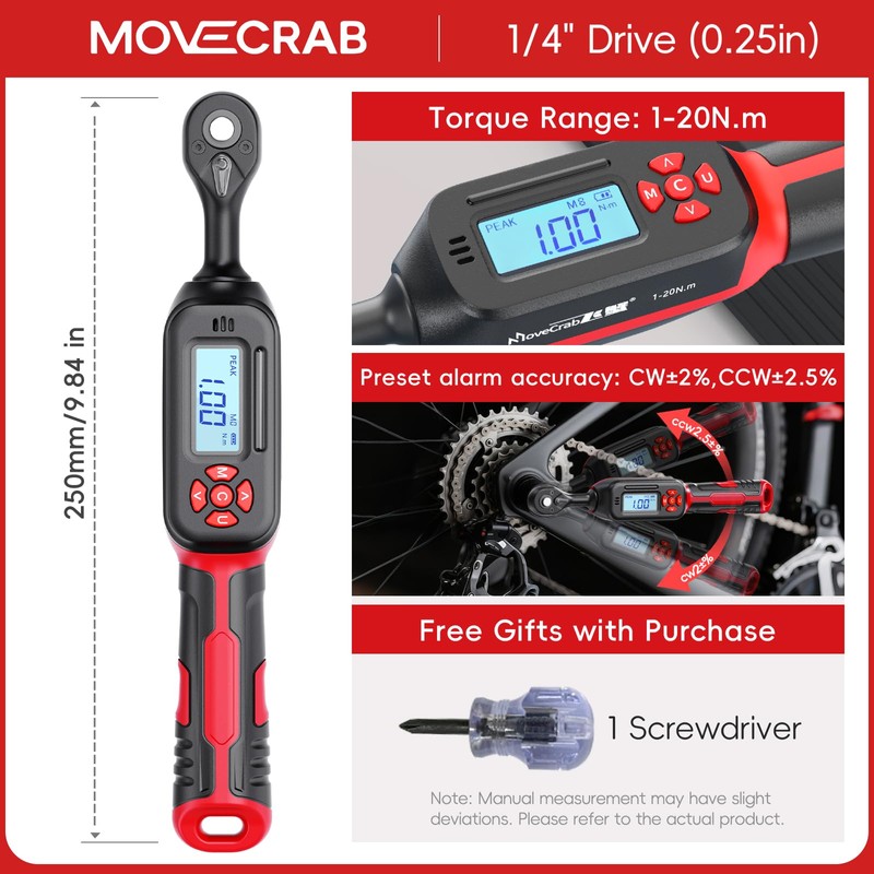 MOVECRAB 1/4" Drive Digital Torque Wrench, 0.7-15 Ft.lb/1-20 N.m, ±2%