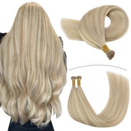 YoungSee 14 Inch Itip Human Hair Extensions Ash Blonde Highlights with Bleach Blonde Itip Hair Extensions Real Human Hair I Tip Extensions 100 Strands 50G Blonde Hair Extensions Itip Short Hair