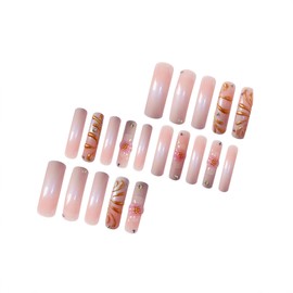 24Pcs Long Curved Press on Nails Square Thick Fake Nails with 3D Flower Rhinestone Design Pink Gradient False Nails Reusable Curved Nails Press ons Artificial Nail Full Cover Stick on Nail for Women
