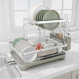 HOMEBOSILY Dish Drying Rack, 2 -Tier 304 Stainless Steel Adjustable Spout Auto-Draining Dish Rack, Space Saving Dish Drainer with Drainboard and Utensil Holder for Kitchen Counter Grey