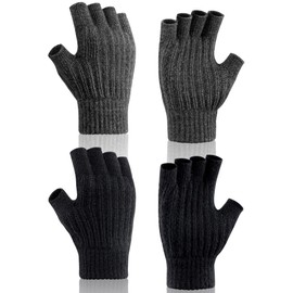 Kiiwah 2 Pairs of Fingerless Gloves Winter Knitted Gloves Women Men Unisex Stretchy Mittens for Running Cycling Leisure Outdoor (Black Grey), Black and Grey