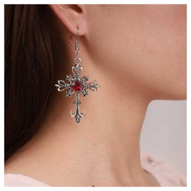 Yheakne Boho Ruby Cross Earrings Silver Celtic Cross Drop Earring Large Religious Cross Dangle Earrings Gothic Red Gemstone Earrings Jewellery for Women and Girls, Zinc, No Gemstone