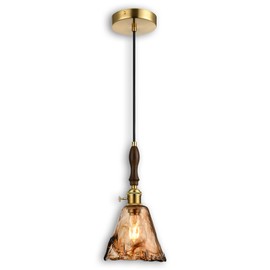 LUXWELL Modern Amber Glass Pendant Light, 6"x11.5" Floral Bell-Shaped Hanging Light with Wood Handle & Brass Cap, 15"-72" Adjustable Line, E26 Socket – Golden Amber Morning Glory
