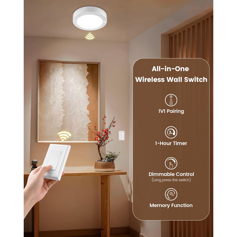 SURAIELEC Rechargeable Ceiling Light with Wall Switch, 8000mAh Battery Ceiling