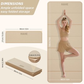 Foldable Yoga Mat, 74"Lx32"Wx1/3"Thick, Folding Exercise Mat, Non-slip Wide Pilates Mats for Home Workout/Travel, Portable Yoga Mat Thick for Yoga/Pilates/Camping/Floor Exercises (Cream)