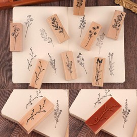 Wooden Rubber Stamp Set, NogaMoga 8 Pieces Plants Patterns Decorative Wood Mounted Rubber Stamps for Scrapbooking, Planners, Card Making and DIY Crafts