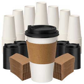 16 oz 500 Pack Disposable Coffee Cups with Lids & Sleeves, White Paper To Go Cups for Hot Beverages, Leak Proof, Coffee Shop Quality