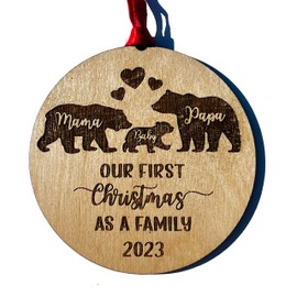 Mama Papa Baby Bear Christmas Ornament - 2023 Dated Our First Christmas as a Family Rustic Wooden Wood Engraved Ornament with Bears (2023)