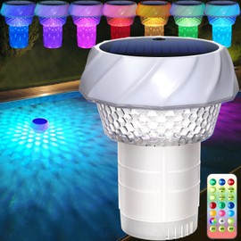 Solar Pool Chlorine Floater with Light Color Changing Solar Powered Pool Light Outdoor RGB Floating for 3 Inch Chlorine Tablets, Easy Opening Tablet Holder Remote Control for Hot Tub,Spa(1 Pack)