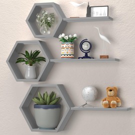 Hexagon Floating Geometric Honeycomb Shelves - Hexagon Floating Shelves Wall Mounted, Honeycomb Wall Shelves Set of 6, Geometric Floating Shelves for Wall Decor, Grey Honey Comb Shelves for Home