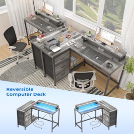 Patikuin L Shaped Desk with Power Outlets & LED Lights, Computer Desk with Drawers & Shelves, Corner Desk Gaming Desk Home Office Desk, Oak