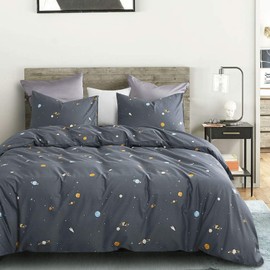 Wake In Cloud - Space Comforter Set, 100% Cotton Fabric, Constellation Cute Star Rocket Astronaut Themed for Teen Kids Boys, 3 Pieces Bedding Set, Gray, Full Size