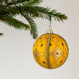Raunak 8cm Bright Yellow Bauble with Gold Embroidery & Pops of Pink & Purple | Handcrafted Ornament | Eco-Friendly Holiday Décor | Unique Gift for Festive Celebrations