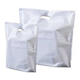 Bag Market | 100 x White Patch Handle Plastic Carrier Bags for Shopping, Fashion, Gift, Retail, Boutique (15" x 18" x 3" - Medium)