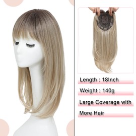 Megito Clip in Synthetic Hair Topper with Bangs for Thinning Hair, 18inch Hair Topper Long Layered 6.5"X6.5" Big Base Toppers Hair Pieces for Women with Thinning Hair Ombre Mix Blonde Color