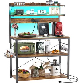 Aheaplus Bakers Rack with Power Outlet, Microwave Stand, 5 Tiers Coffee Bar Station with Led Lights, Kitchen Storage Shelf with 6 S-Shaped Hooks, Kitchen Rack Coffee Bar Stand, Rustic Brown