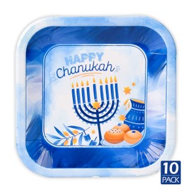 Hanukkah Plates - 7 Inch - 10 Pack - Hanukkah Paper Goods - Blue and White Chanukah Themed Party Supplies