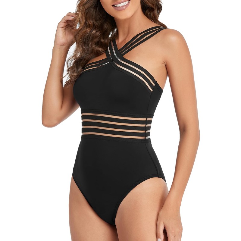Hilor Women's One Piece Swimwear Front Crossover Swimsuits Hollow Bathing