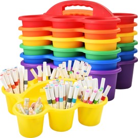 Haundry 6 Pack Classroom Caddy Storage Basket with Handle, Plastic Drink Cup Caddy Holder, 6 Compartments for Kids, Table, Office, Arts, Crafts, Crayon, Marker, Pencil, School Supplies