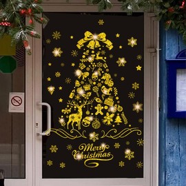 Christmas Window Stickers, Gold Glitter Christmas Tree Window Blocks Stickers, Christmas Stickers, PVC Decoration, Removable Christmas Stickers, Home Indoor Decoration