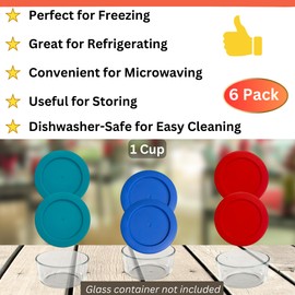 Klare Ware 1 Cup Replacement Lids/Covers for Pyrex 7202, Anchor Hocking & Klare Ware Storage Bowls (Glass Container Not Included) 6 Pack, Blue Turquoise Red