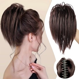 Colorfulpanda Ponytail with Clip, Straight, Short Clip in Claw, Hair Scrunchie, Hairpiece, Ponytail, Natural Synthetic Hair, Hair Extensions, Messy Bun Brown for Women and Girls, 26 cm