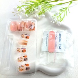 Fall Press on Nails Medium Square Fake Nails with Pumpkin Leaves Golden Glitter Design Glue on Nails Nude Nail Press ons Autumn Acrylic Artificial Stick on Nails for Women 24Pcs