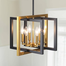 Black and Gold Chandelier 6-Light,Hanging Dining Room Light Fixture Adjustable Hight,Industrial Kitchen Island Light Fixtures,Metal Farmhouse Chandeliers for Living Room Bedroom Entryway Foyer