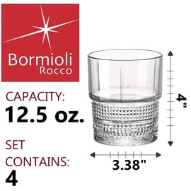 Bormioli Rocco Novecento Barware DOF Glass, Stackable, Set Of 4, 12.5 oz, Clear, Vintage Design, Made In Italy.