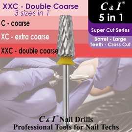 C & I 5 in 1 Nail Drill Bit Upgrade Version Super Cut Series E-file for Nail Drill Machine, Special Design for Hard Nail Gels & Acrylic Nails Remove (Large Barrel Cross Cut, Double Coarse -XXC)