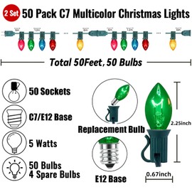 50Ft Multicolor C7 Vintage Christmas Lights String Colored Christmas Tree Lights with 50 Pack E12 Color Bulbs, for Light up Christmas Tree Home Stair Yard Indoor Outdoor Christmas Decorations, 5W