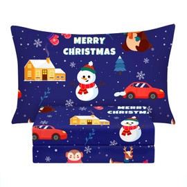BYSURE Twin Sheets Set Kids(Christmas Snowman, Navy Blue), 3 Pieces Easy Fit Deep Pocket Sheets Set, Breathable Wrinkle-Free Microfiber Bedding for Children