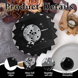 40PCS Disco Decoration Napkins Disposable, Black Disco Cocktail Napkins, Disco Party Decorations, Napkins Disposable Party for Engagement Birthday Graduation (Black & Silver)