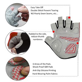 ROVOS Men & Women Cycling Gloves - 5mm Padded Half Finger Breathable Mountain & Road Biking Gloves (Red, X-Large)